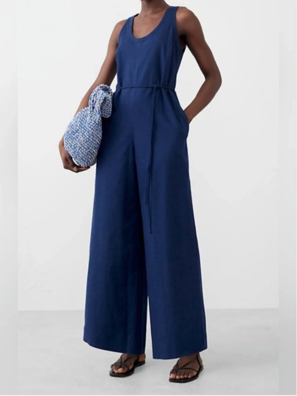 Anthropologie Touche Linen Blue Sleeveless Jumpsuit size M